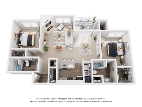 Floor plan for 2 beds, 2 baths, 1050 sqft